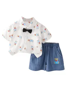 StyleCast x Revolte Boys White Conversational Printed Spread Collar Shirt With Shorts