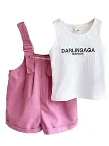 StyleCast x Revolte Girls Typography printed Pure Cotton Top with Shorts & Suspenders