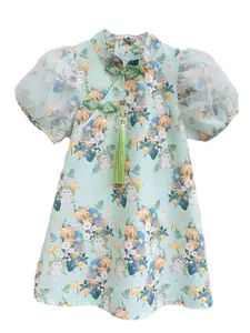 StyleCast x Revolte Floral Print Tie-Up Neck Puff Sleeve Applique A-Line Maxi Dress