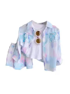StyleCast x Revolte Girls Blue & White Printed Shirt Collar Top with Shorts