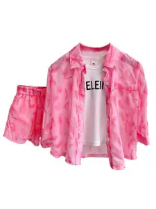 StyleCast x Revolte Girls Pink & White Printed T-shirt and Shirt with Shorts