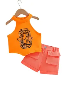 StyleCast x Revolte Girls Orange & Black Graphic Printed Sleeveless Top with Shorts