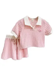 StyleCast x Revolte Girls Pink & White Self Design Polo Collar T-shirt with Shorts