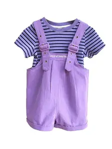 StyleCast x Revolte Girls Purple & Blue Striped Pure Cotton Top & Shorts With Suspenders