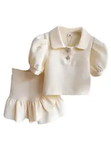 StyleCast x Revolte Girls Beige Self Design Polo Collar Puff Sleeves Top With Tulip Shorts