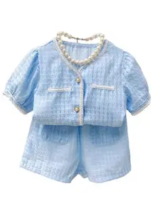 StyleCast x Revolte Girls Blue Self Design V-Neck Puffed Sleeves Top With Shorts