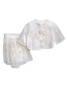 StyleCast x Revolte Girls Floral Embroidered Mandarin Collar Top with Skirt