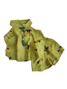 StyleCast x Revolte Girls Green Graphic Printed Halter Neck Casual Top With Shorts