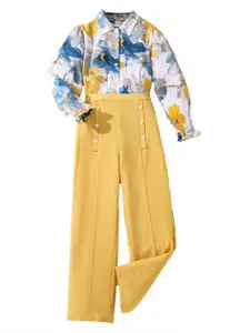 StyleCast x Revolte Girls Yellow Floral Printed Bishop Sleeves Casual Shirt With Palazzos
