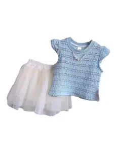 StyleCast x Revolte Girls Blue Smocked Round Neck Cap Sleeves Top With Skirt