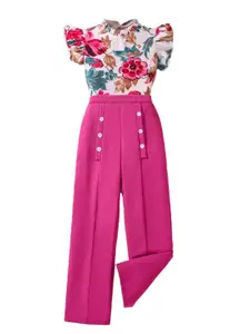 StyleCast x Revolte Girls Fuchsia Floral Printed Flutter Sleeves Ruffled Top With Palazzos