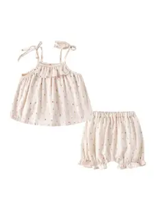 StyleCast x Revolte Girls Beige Printed Shoulder Straps Pure Cotton Top with Shorts