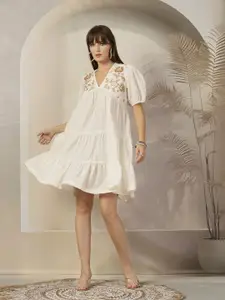 Stylum Embroidered Puff Sleeve A-Line Dress