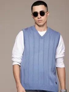 The Roadster Lifestyle Co. Self-Striped V-Neck Acrylic Sweater Vest