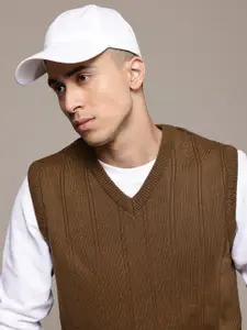 The Roadster Lifestyle Co. Self-Striped V-Neck Acrylic Sweater Vest