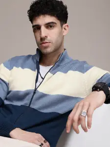 The Roadster Life Co. Mock Neck Front-Open Colourblocked Sweater