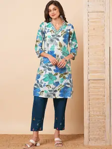 FASHOR Floral Printed V-Neck Beads & Stones Straight Kurta