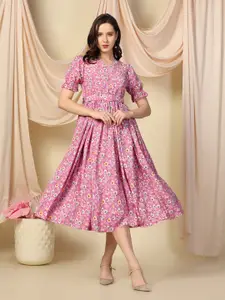 FASHION DREAM Floral Printed Round Neck Fit & Flare Midi Dress