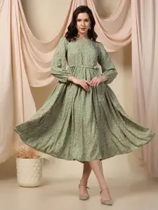 FASHION DREAM Print Puff Sleeve Empire Midi Dress