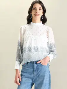 U.S. Polo Assn. Women Floral Printed High Neck Cuffed Sleeve Gathered Semi Sheer Top