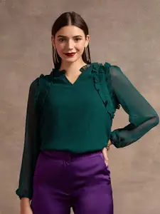 U.S. Polo Assn. Women Mandarin Collar Puff Sleeve Ruffled Top