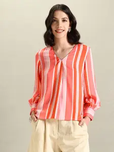 U.S. Polo Assn. Women Striped Cuffed Sleeves Crepe Top