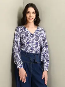 U.S. Polo Assn. Women Paisley Printed V-Neck Cuffed Sleeve Shirt Style Top