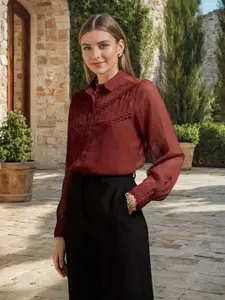 U.S. Polo Assn. Women Self Design Spread Collar Long Sleeves Regular Fit Casual Shirt