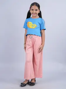 KiddoPanti Girls Printed Round Neck Short Sleeves Pure Cotton Clothing Set