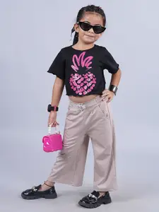 KiddoPanti Girls Printed Round Neck Short Sleeves Pure Cotton Clothing Set