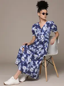 The Roadster Life Co. Tie & Dye Print Puff Sleeves A-Line Midi Dress