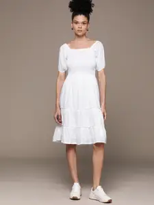 Roadster Puff Sleeves Smocked Tiered Fit & Flare Dress