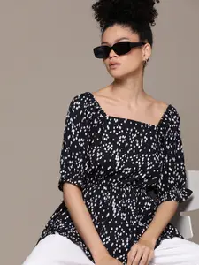 Roadster Print Puff Sleeves Peplum Longline Top