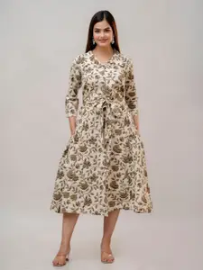 SHOOLIN Floral Printed Pure Cotton Midi Shirt Dress