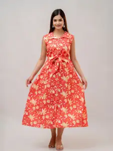 SHOOLIN Floral Printed Cotton Midi Shirt Dress
