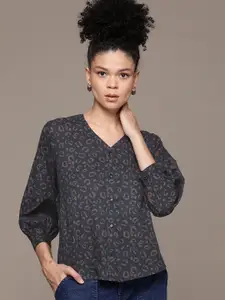 Roadster Animal Printed Puff Sleeves Cotton Cambric Casual Shirt