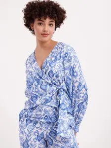 SHOOLIN Abstract Printed V-Neck Cuffed Sleeve Wrap Top With Trousers