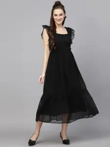 BAESD Square Neck Flutter Sleeves Georgette Sheer A-Line Midi Dress