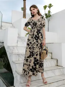 BAESD Floral Print Boat Neck Puff Sleeves Sheen Crepe Maxi Dress