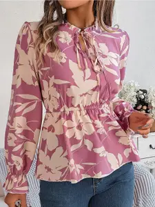 all about you Violet Floral Printed Tie-Up Neck Puff Sleeves Gathered Detailed Peplum Top