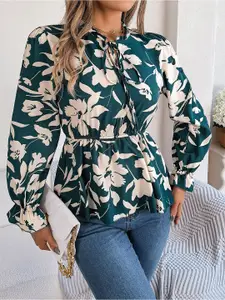 all about you Green Floral Printed Tie-Up Neck Puff Sleeves Gathered Detail Peplum Top