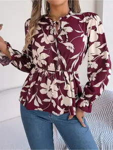 all about you Burgundy Floral Printed Tie-Up Neck Puff Sleeves Gathered Detail Peplum Top