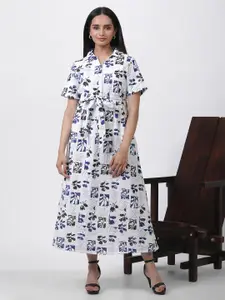 W Floral Printed Shirt Collar Short Sleeves Maxi Shirt Dress