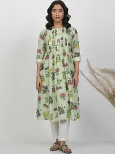 W Round Neck Floral Printed Pleated Cotton A-Line Kurta
