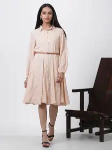 W Self Design Shirt Collar Puff Sleeves Shirt Dress