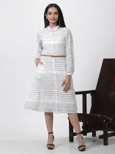 W Striped Shirt Collar Cuffed Sleeves Cotton Shirt Midi Dress