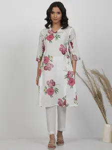 W White Floral Printed Pure Cotton Straight Kurta