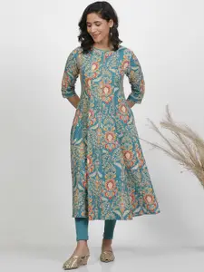 W Floral Printed Keyhole Neck Pure Cotton A-Line Kurta