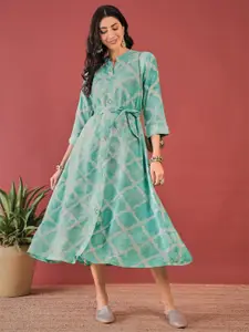 Anouk Blue Floral Print Mandarin Collar A-Line Midi Dress