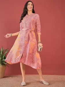 Anouk Pink Floral Print A-Line Midi Dress